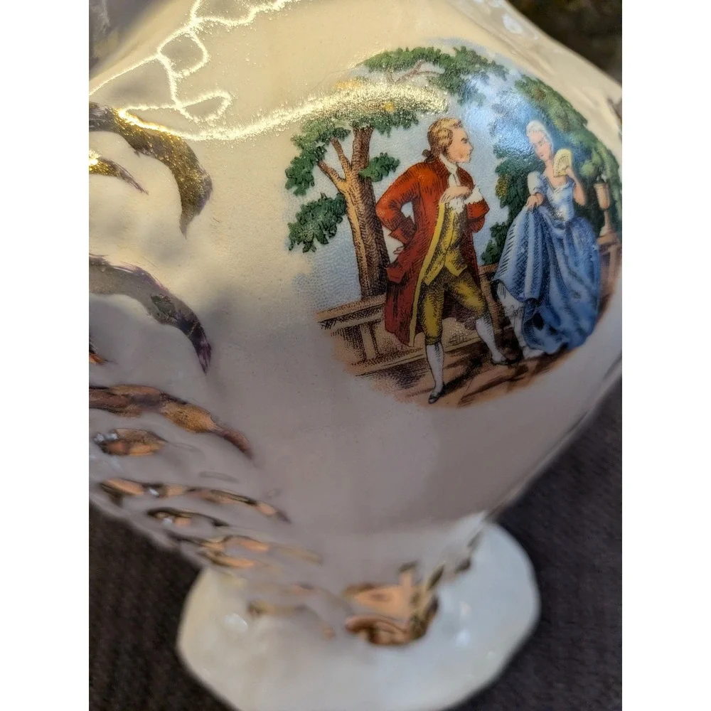 Vintage Ceramic Pitcher Basin Set Victorian Courting Scene 22K Gold Trim